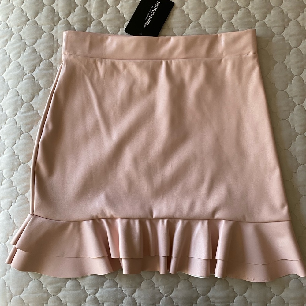 Baby pink faux leather frill hem mini skirt